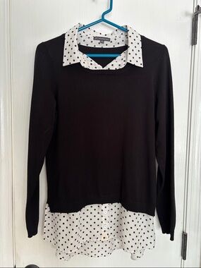 Adrianna Papell Black Sweater with White Polka Dot Trim